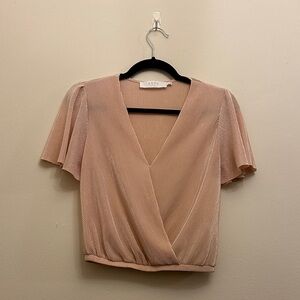 ASTR‎ The Label Pink DeepV-Neck Cinched Waist Blouse Size Small Short Sleeves